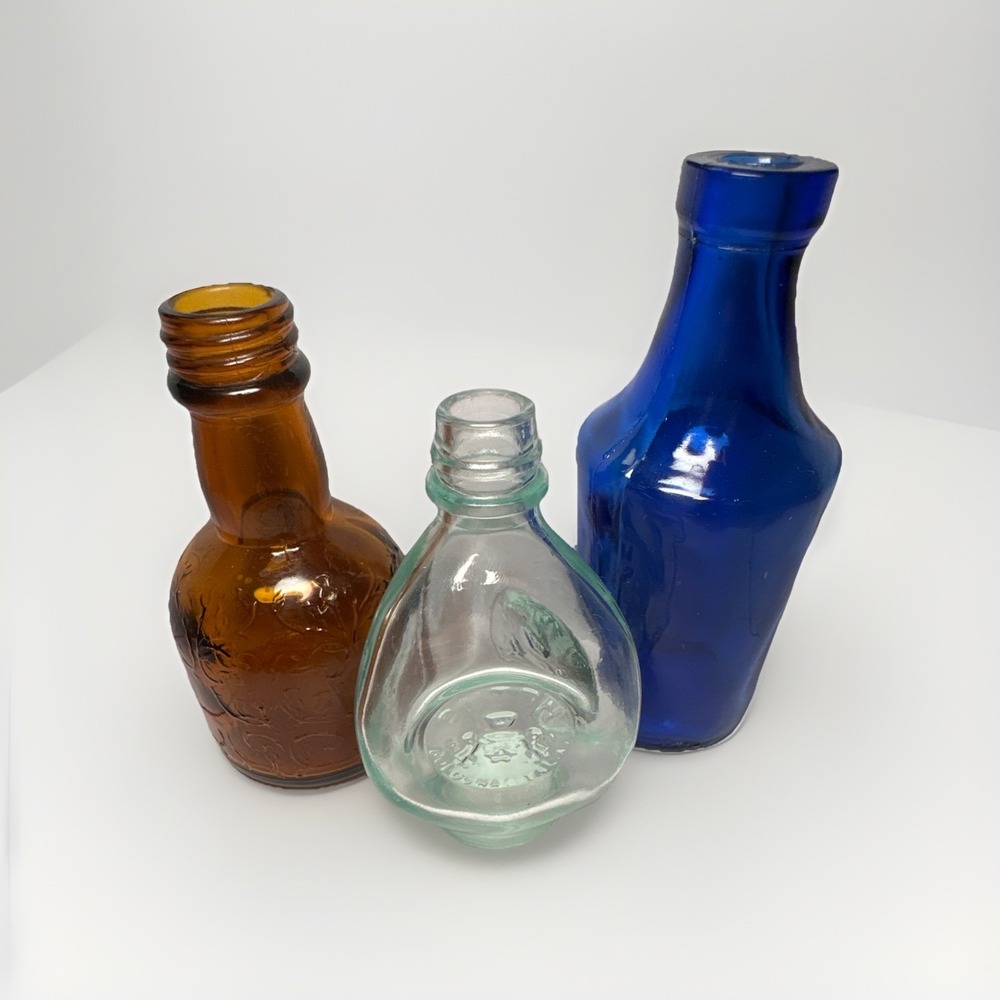 Lot of 3 Mini‎ Colored Glass Vintage Apothecary Bitters Bottles Liquor Bud Vases